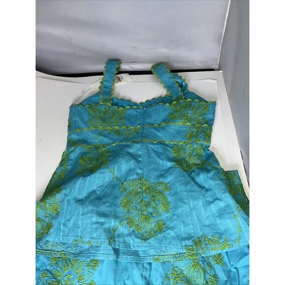 Nanette Lepore Aqua Blue Olive Green Embroidered Ric Rac Tunic Top Sz 6 Skirt 4 - Picture 8 of 11